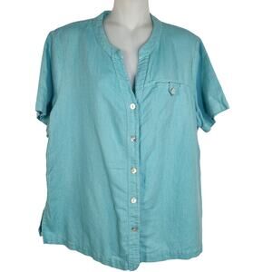 Hot Cotton Womens Shirt Large Linen Blend Button Down Relaxed Short Sleeve Teal
